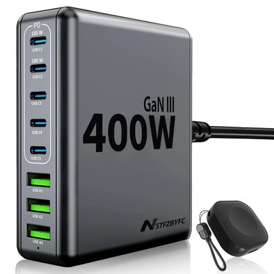 8-Port USB-C Fast Charging Station with Wireless Watch Charger, 100W GaN