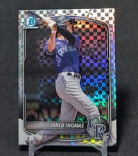 Jared Thomas Chrome X-Fractor Rookie 2025 Bowman Draft Card #BDC-147 Rockies. rookie card picture