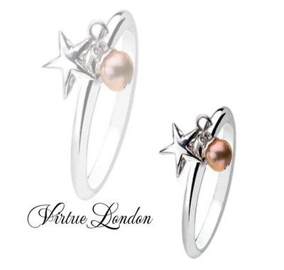 925 Virtue London Größe N Sterlingsilber Vorsteckring ~ Perle & Stern Charms