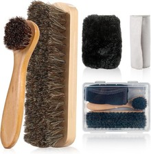 5 Pcs Horsehair Shine Shoes Brush Kit Polish Dauber Applicators Wood Brown