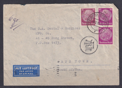 GERMANY 1937 THIRD REICH COVER TO SOUTH AFRICA, CURRENCY CONTROL HANDSTAMP#C1585
