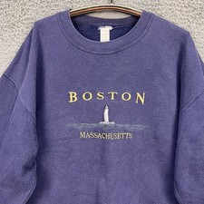VTG Boston Massachusetts Sweatshirt XL Crewneck Blue Lighthouse USA Made Y2k 90s