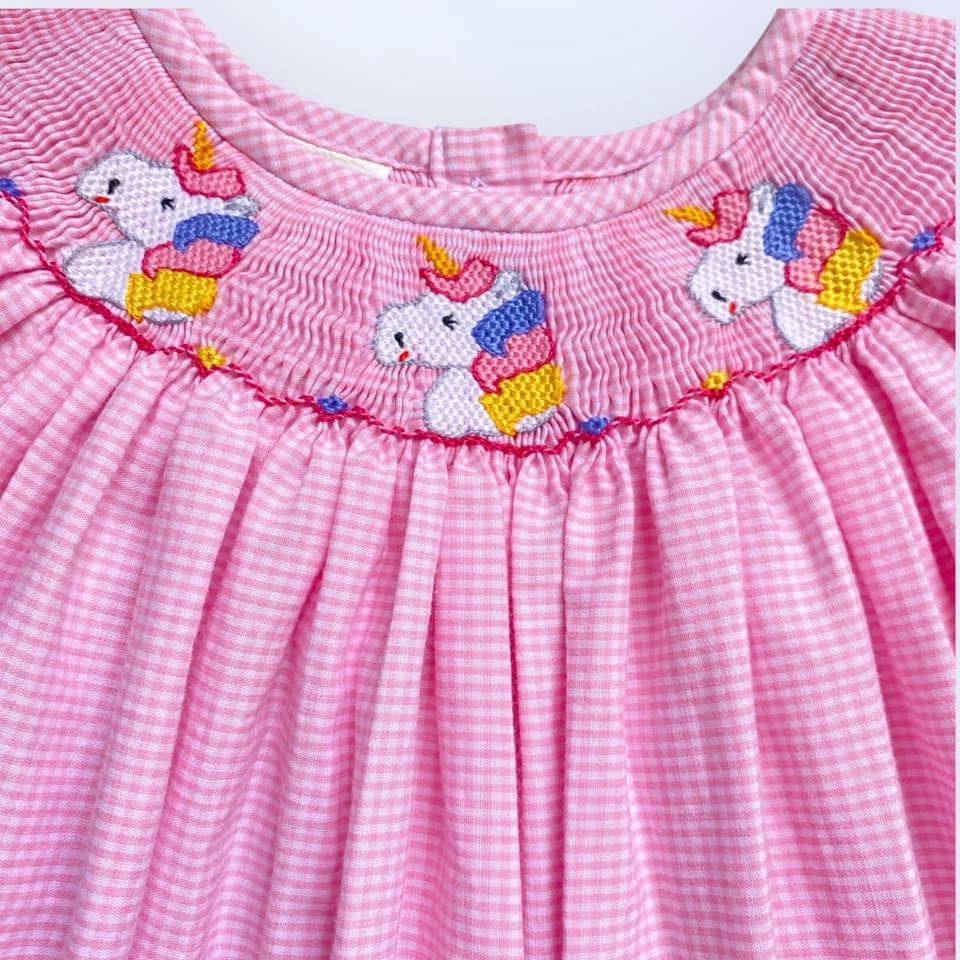 Silly Goose Hand Smocked Embroidered Unicorn Dress Size 6 Pink Gingham Check - Image 2 of 4
