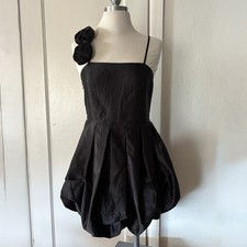 PrettyLittleThing Black Rose Applique Detail Strappy Satin Mini Dress - Sz 6