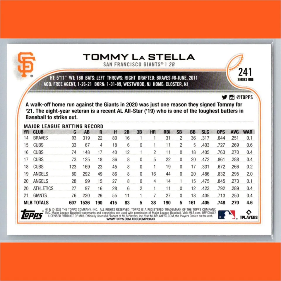 Tommy La Stella Orange Star /99 Complete Set Parallel 2022 Topps #241 SF Giants - Image 2 of 3