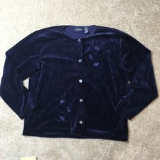 vintage Liz Clairborne Lizsport Velour midnight blue floral cardigan size Large