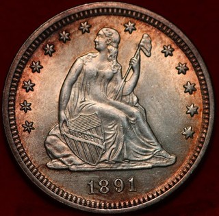 Uncirculated Great Color 1891 Philadelphia Mint Silver Seated Liberty Quarter