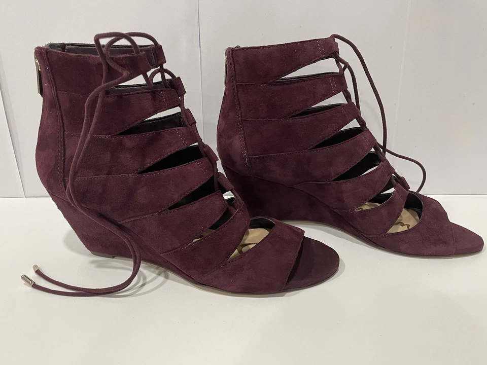 Sam Edelman 麂皮角斗士楔形凉鞋勃艮第系带露趾 7.5 米 EU 38 — 第 3/4 张图片