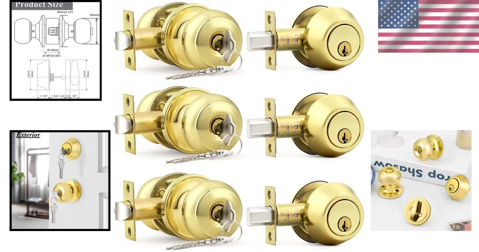 Juego de perillas de puerta y cerrojo de un solo cilindro con llave de alta calidad, paquete de 3 Foto 2 de 4