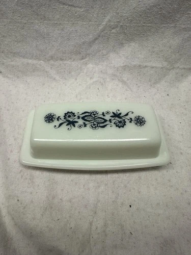 Vintage Pyrex Butter Dish Milk Glass Old Town Blue with Lid Onion Pattern