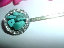Vintage Southwest Turquoise Nugget and White Rhinestone  2.5" Bobby Pin