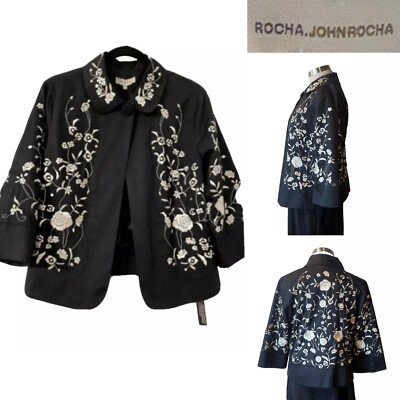 ROCHA.JOHNROCHA Black/Cream Floral Embroidered Lined Jacket 14AUST-UK/10US