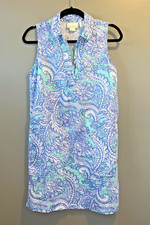 Cynthia Rowley 100% Linen Sleeveless Collared Shift Dress Womens 4 Blue Paisley