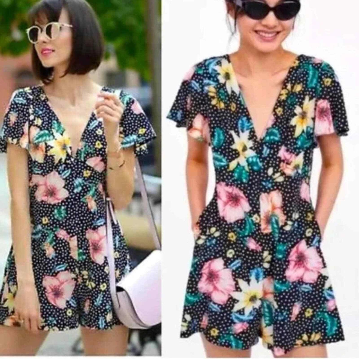 ZARA Black Polka Dot Floral Playsuit Romper XS Preppy Spring Multi