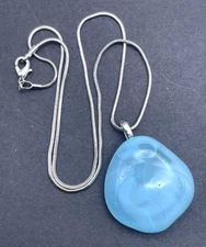 Art Glass Necklace Blue Translucent Free Form Pendant 16" Silver Metal Chain