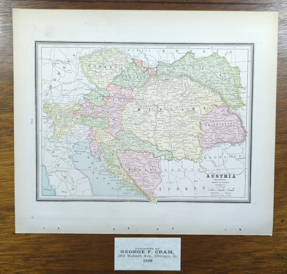 Винтажная карта Австрии 1886 г. 13 x 11 дюймов ~ старая антикварная оригинальная ГРАЦ ИНСБРУК ВЕНА - Изображение 2 из 4