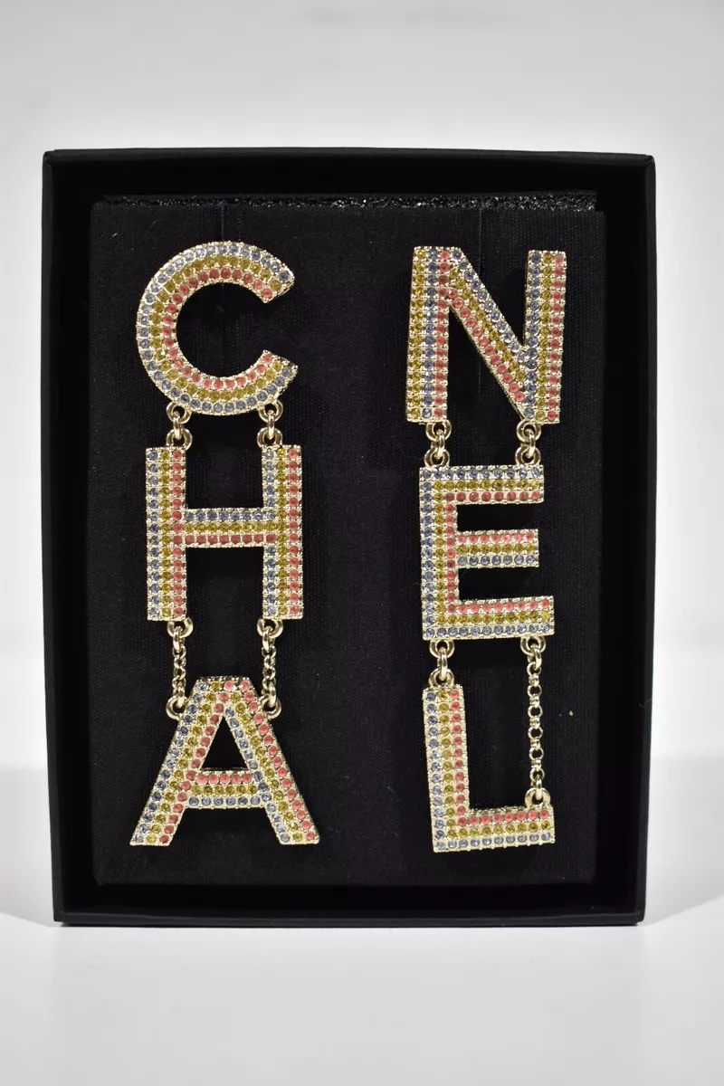 Chanel 23P Pendant Silver Crystal CC Logo Letter Statement Stud Drop  Earrings