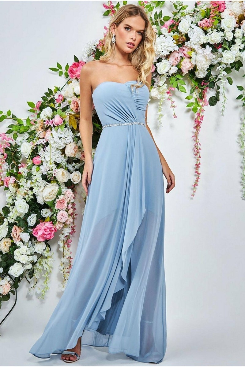 chinese dress ladies Berylove Women Wedding Guest Dress Dusty Blue A Line Spaghetti Straps Long Maxi Dress with Slit, Dusty Blue / US2