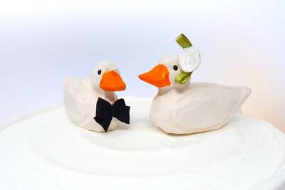 Pekin Duck Cake Top Bride Groom Love Bird Wedding Engagement Carved Wood Statue