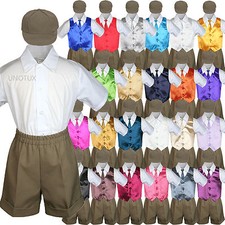 Boy Toddler Formal Vest Suit Satin Vest Necktie Dark Taupe Shorts Hat 5PC Set