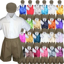 Boy Toddler Formal Vest Suit Satin Vest Necktie Dark Taupe Shorts &Hat 5PC Set
