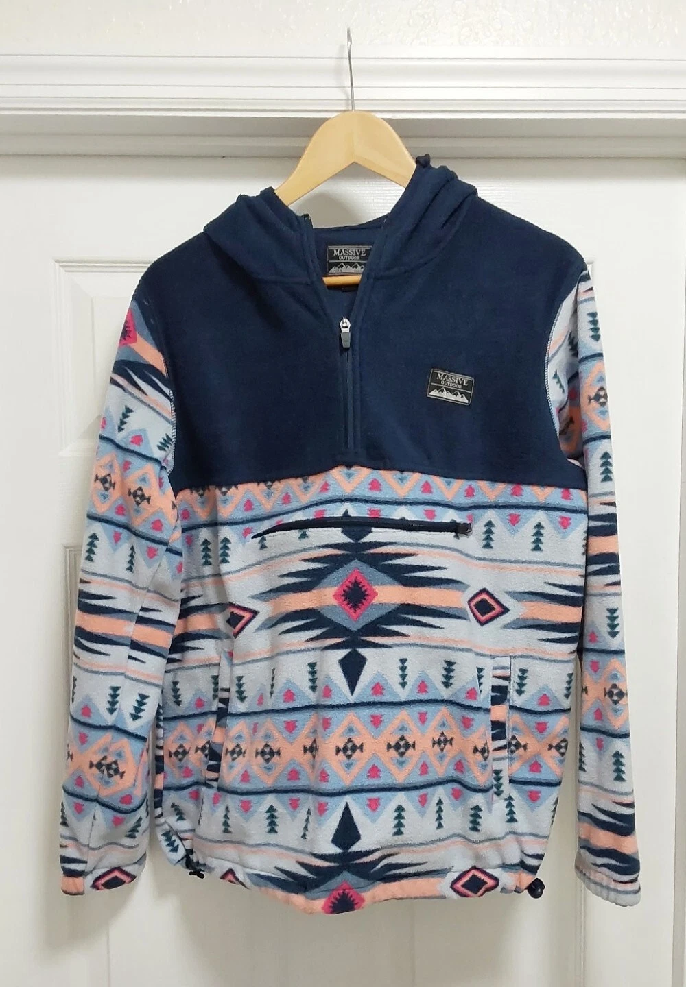 Massive Outdoor Hoodie Men's Small Retro Aztec Tribal Fleece 1/4-Zip Pockets
