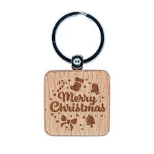 Merry Christmas Holiday Elements Engraved Wood Square Keychain Tag Charm
