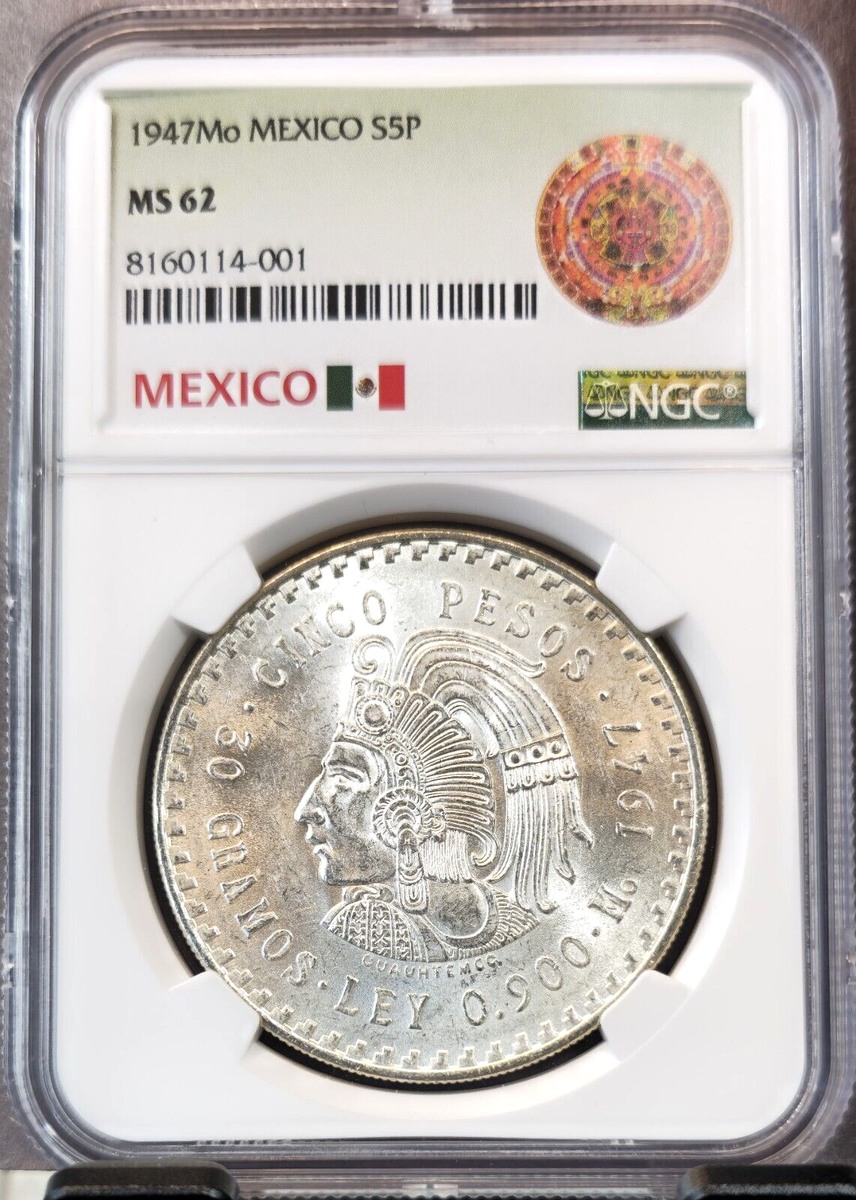 1947 MEXICO SILVER 5 PESOS CUAUHTEMOC NGC MS 62 LOW MINTAGE NICE 