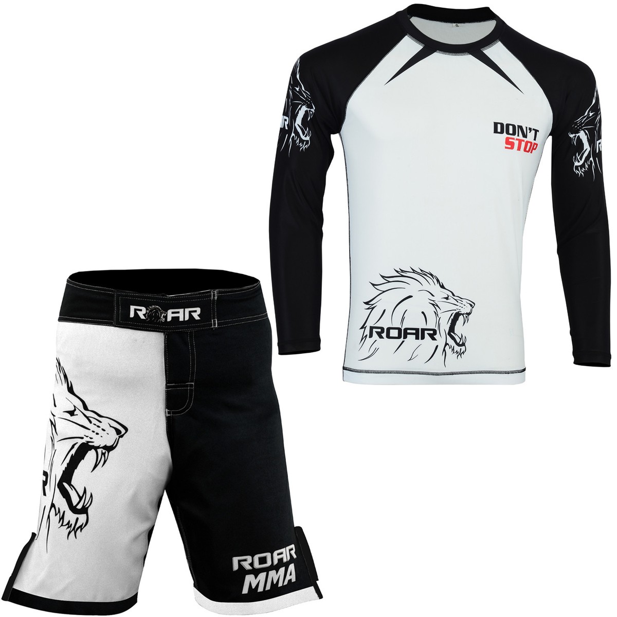 ROAR MMA Grappling Rash Guard & Fight Shorts Set - White, Unisex Thermal Compression Gym Pants