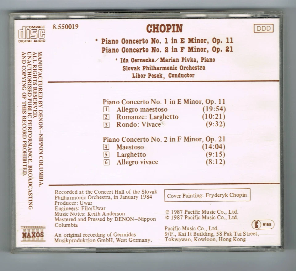 CHOPIN - PIANO CONCERTOS Nos. 1 & 2 - CERNECKA & PIVKA - NAXOS - CD - BON ÉTAT - Photo 2/2