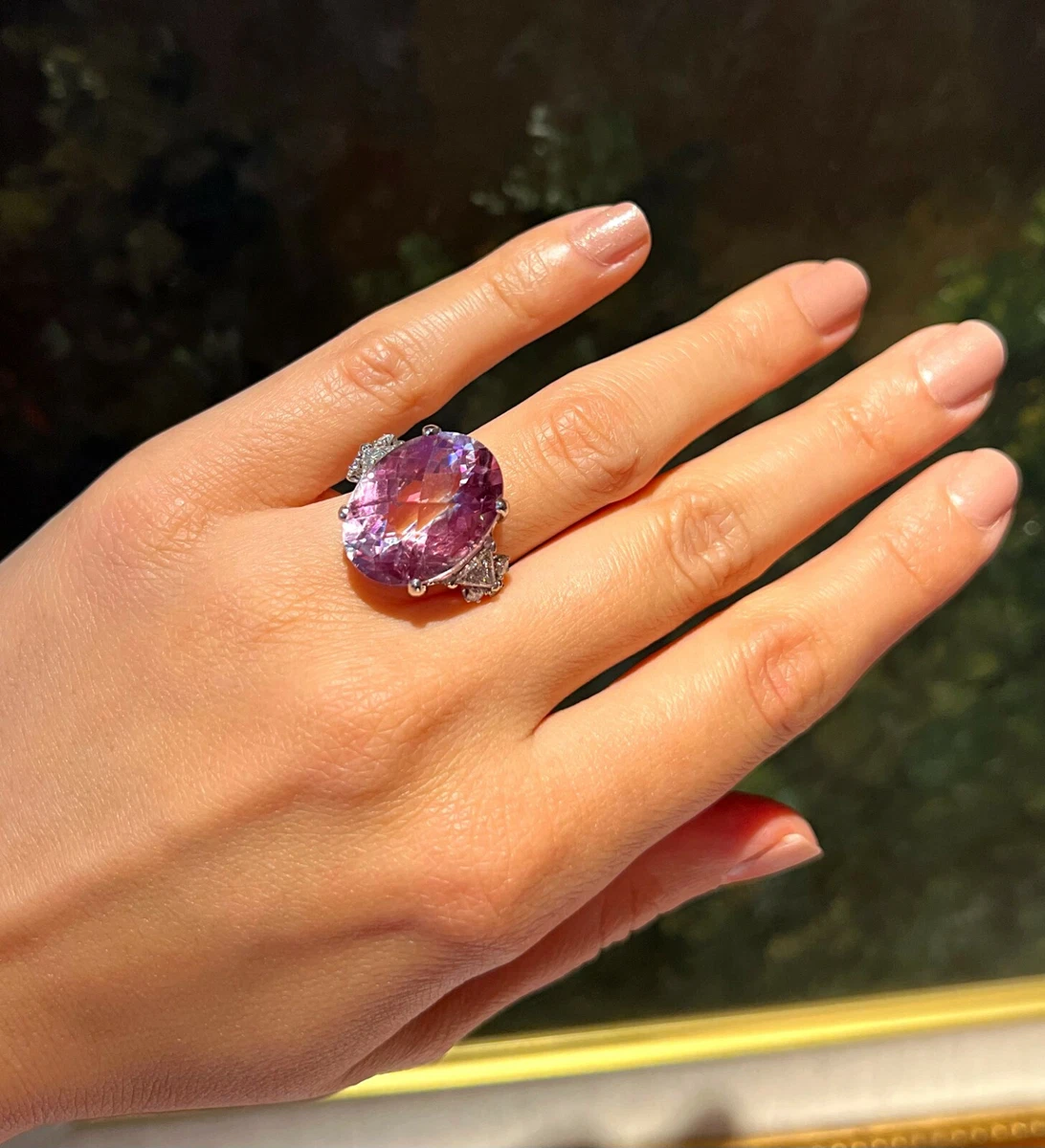 Large Oval Kunzite and Diamond Cocktail Ring in Platinum