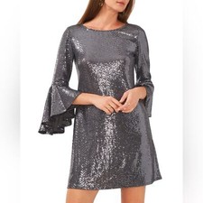 Vince Camuto Metallic Flounced-Sleeve Dress - Silver October  - Large