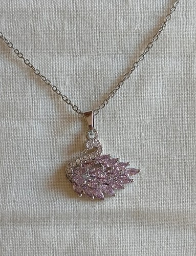 Women's Swan Necklace Pink Crystal Marquise Zirconia Silver Tone Elegant Jewelry