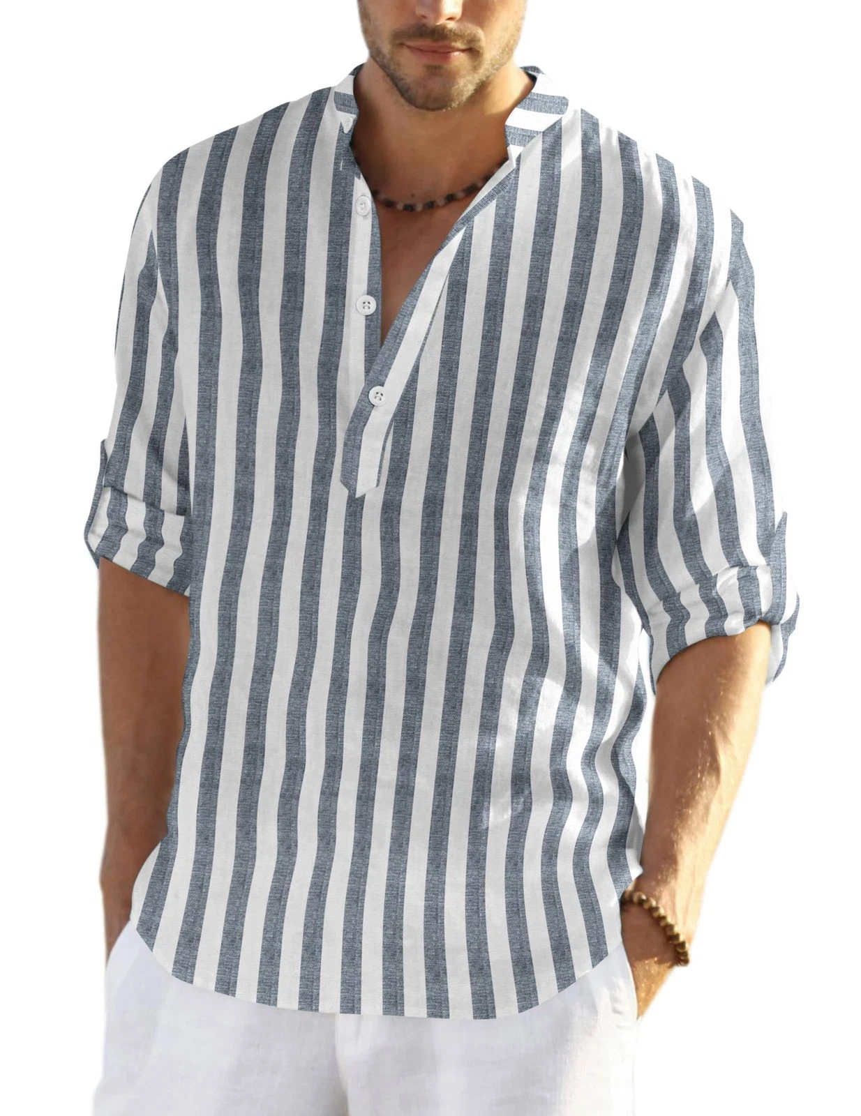 Men's Cotton Hemp Long Sleeve Casual Beach Henley Shirt (Grey Blue Stripe,XL)
Opens in a new window