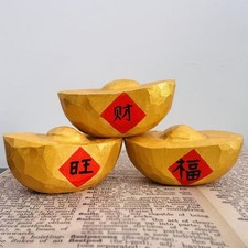 Ingot Porte-bonheur Lingot D'Or Chinois Ornement Artisanal En Bois Sculpture