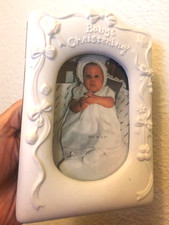 Vtg New RUSS BERRIE BABY CHRISTENING 3.5X5 PHOTO FRAME Easel WHITE Porcelain Box