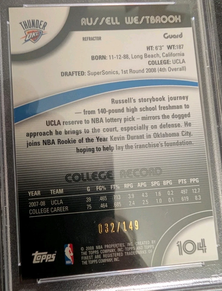 2007-08 Topps Finest #104 Russell Westbrook refractor verde/149 PSA 10 POP 10 Foto 4 de 4