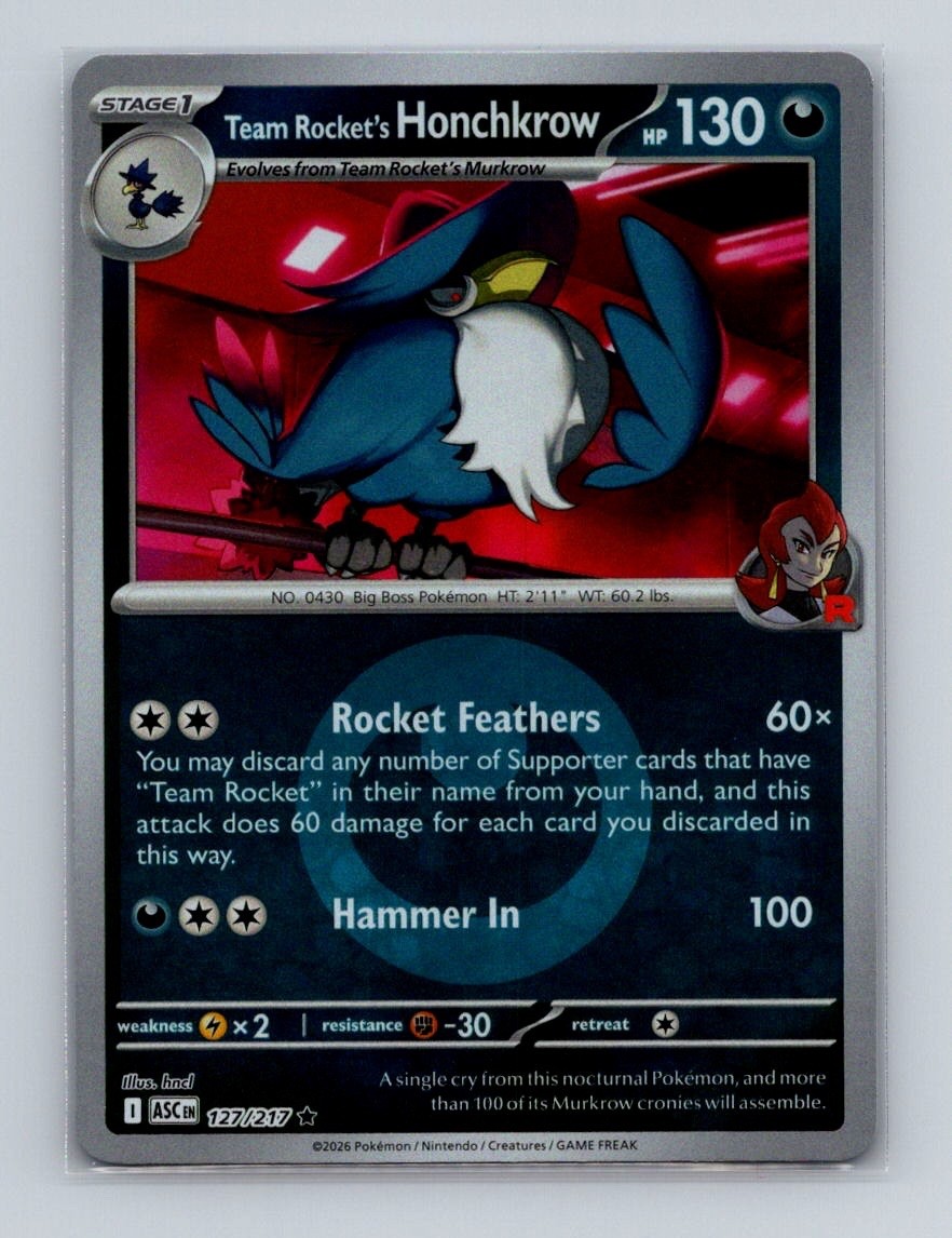honchkrow pokemon card Team Rocket's Honchkrow 127 Pokemon Ascended Heroes Energy Symbol Card NM+  (b)