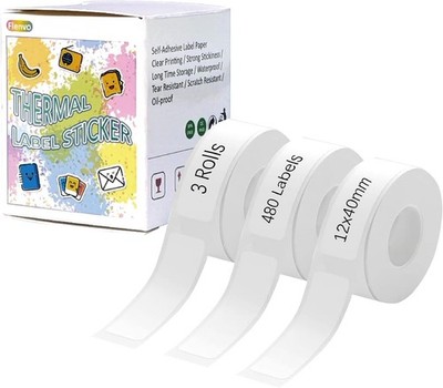 3 Rolls White D30 Label Tape, 480 Labels (12mmX40mm / 0.47''X1.57'') Self-Adhesive