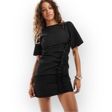 Ghospell Black Mini Ruched Dress Size Large Ruffle Womens Little LBD Textured