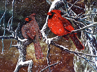 Authentic ORIGINAL ART PRINT SIGNED BY GEORGE BOUTWELL CARDINAL WINTER SNOW TREE