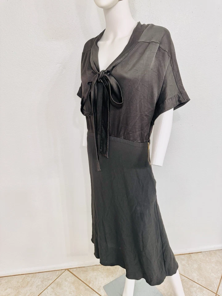 Rochas Pussy Bow Retro Dress Brown W Kelp Green Satin and Crepe Made Italy FR46 - Image 3 of 4