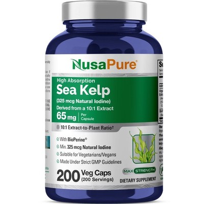 NusaPure Sea Kelp Natural Iodine Capsules, 65 mg, 200 Veg Capsules (Non-GMO, Veg