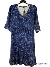 MXINSJ Women's V Neck Ruffle Dress Blue  Polka Dot Boho Dresses Loose Swing XL