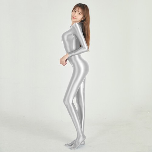 AMORESY Women Zentai Jumpsuit Satin Shiny Long Sleeve Leotards Overalls Catsuit - Picture 5 of 42