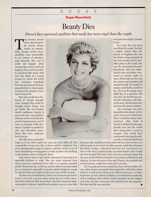 Princess Diana Beauty Dies 1997 Essay by Roger Rosenblatt Vtg Magazine Excerpt