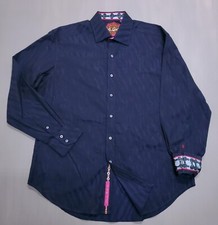 Robert Graham Shirt Mens XL Blue Navy Monogram Flip Cuff Long Sleeve Button Up