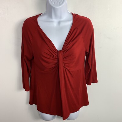 Talbots Petites Red Top Sz PS 3/4 Sleeve V Neck Ruched Front Classic Casual