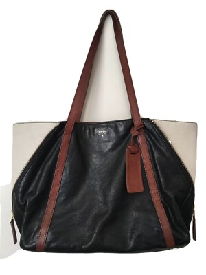Fossil Gwen Shopper Tote Goat Hide Leather Side Zip Black Brown Cream Bag Expand