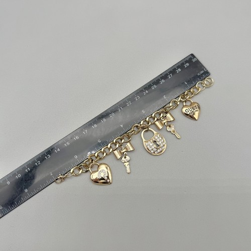 Guess Bracelet Womens Gold Tone Logo Heart Rhinestone Lock Key Charms 7 Inch - Picture 7 of 14